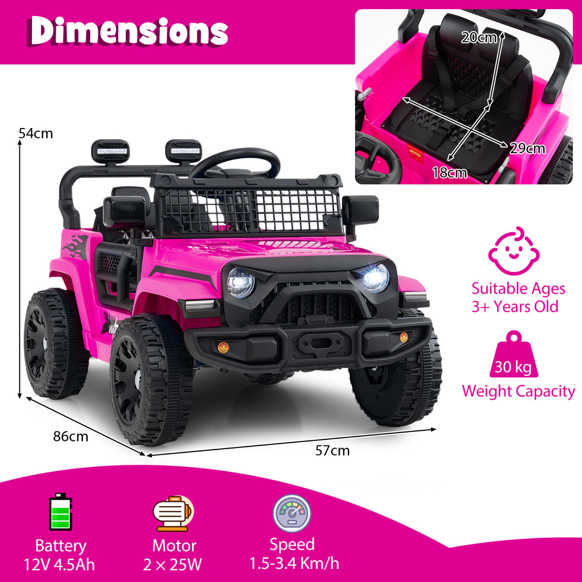 Dimensions diagram for the pink kids electric truck car showing height and width