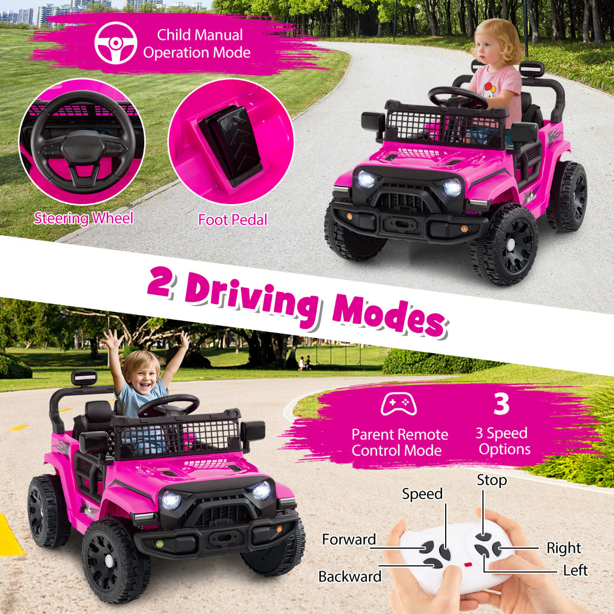 Two driving modes for the kids electric car, parent remote control and child operation