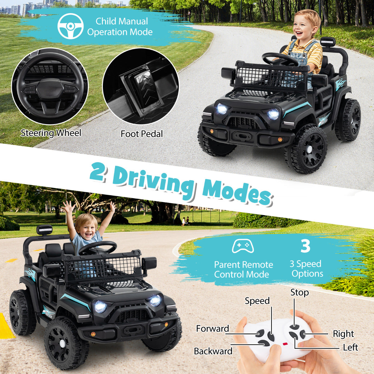 Two driving modes for the kids electric car: steering wheel and foot pedal, and parent remote control