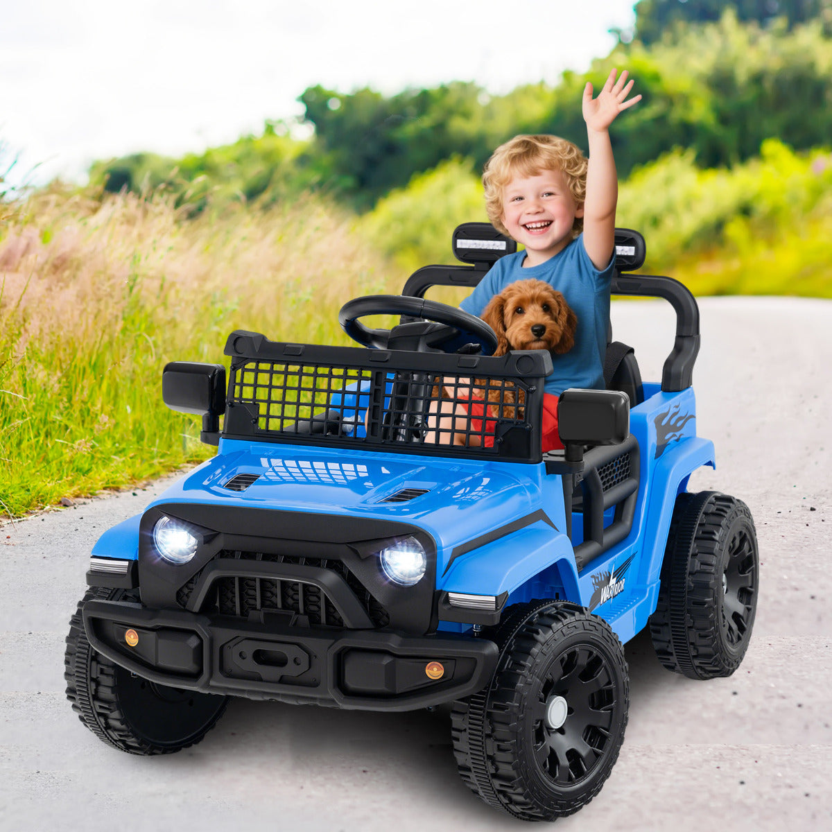 The navy kids electric car with bright headlights on a paved path