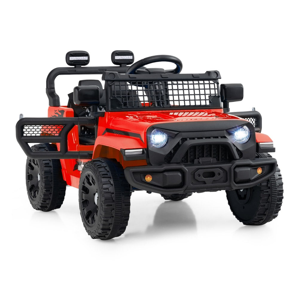 Front view of the red kids electric truck car with lights on