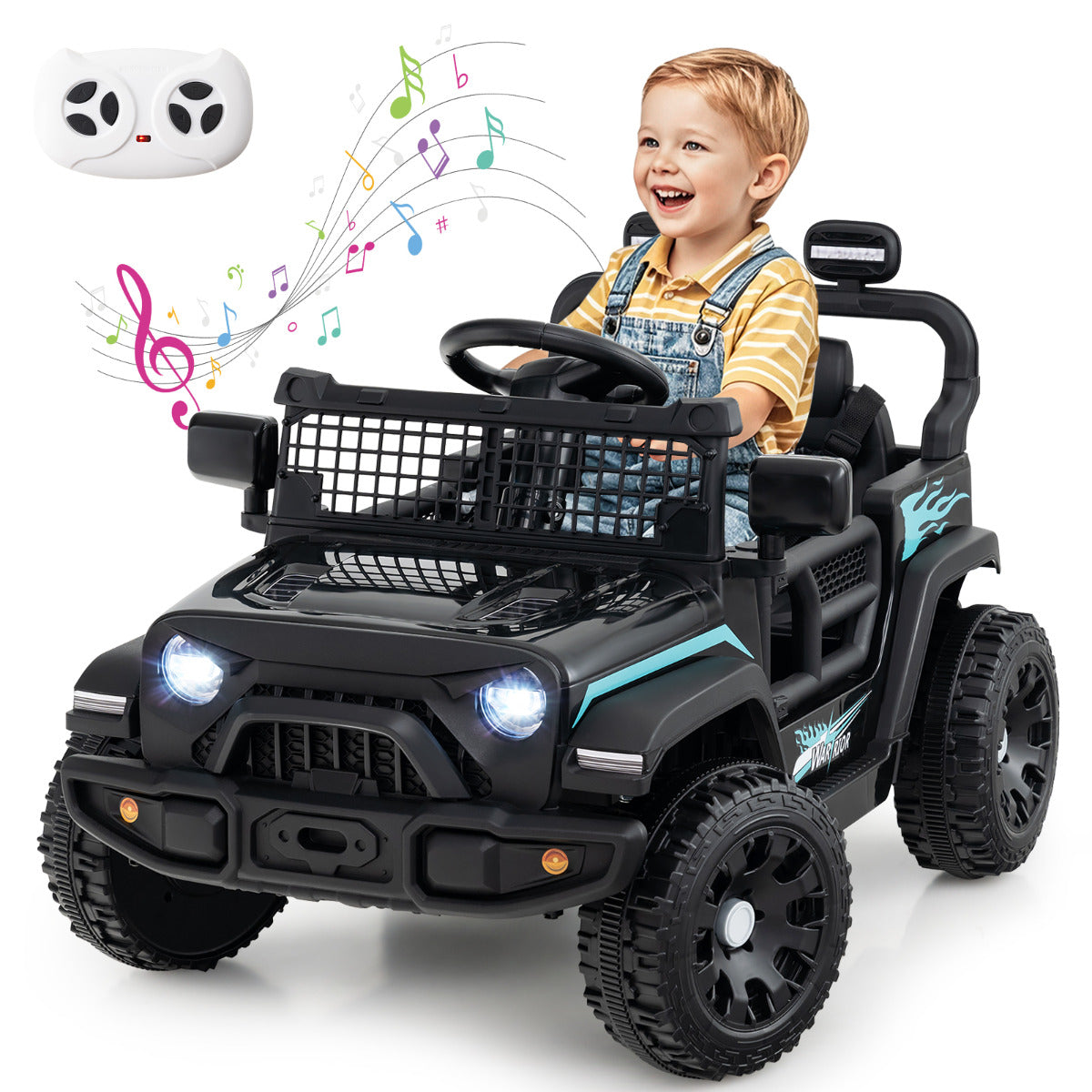 12V Kids Ride on Truck Car with remote control, a happy child is driving it outdoors