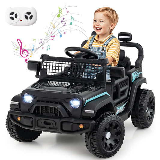 12V Kids Ride on Truck Car with remote control, a happy child is driving it outdoors