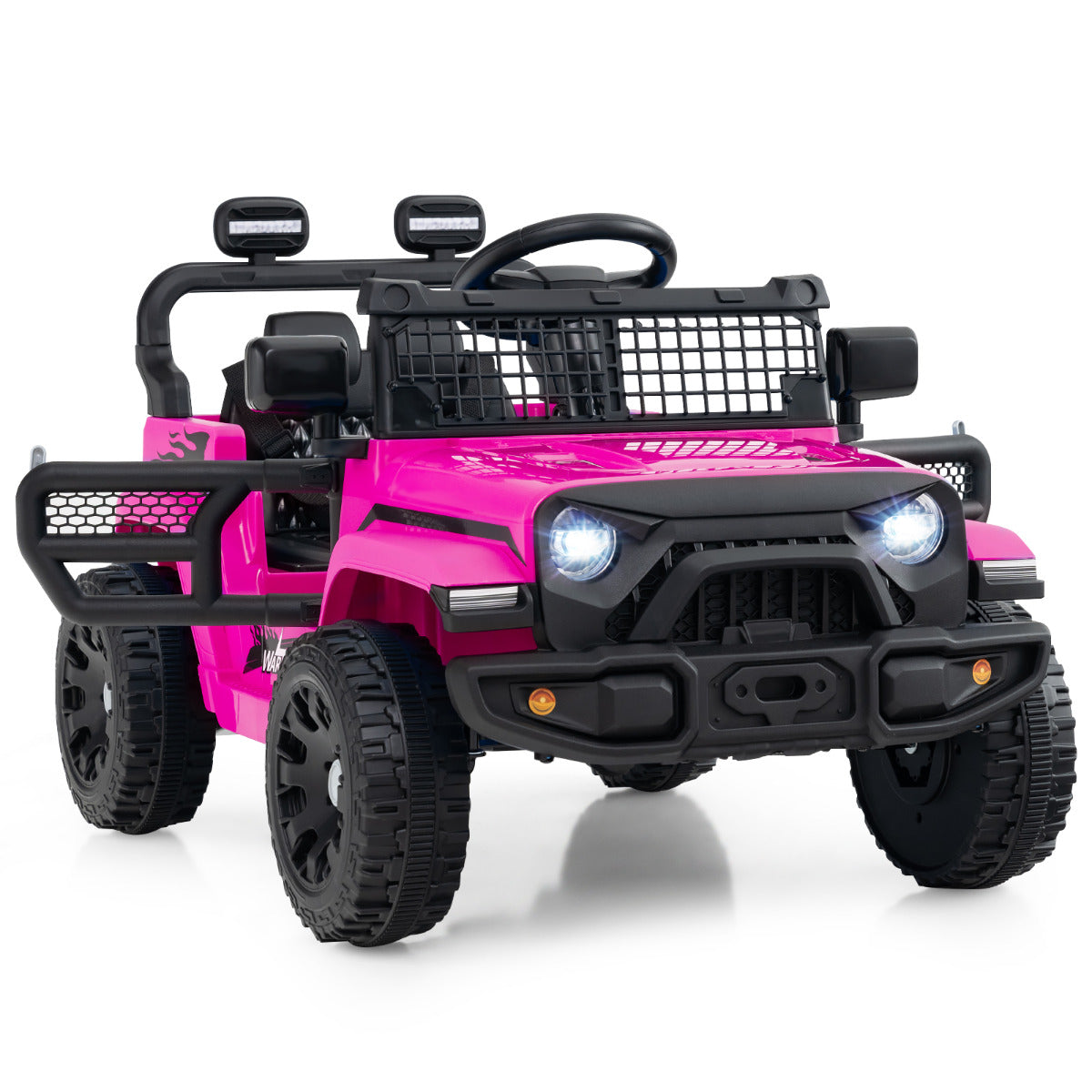 Front view of the pink kids electric truck car with its lights on