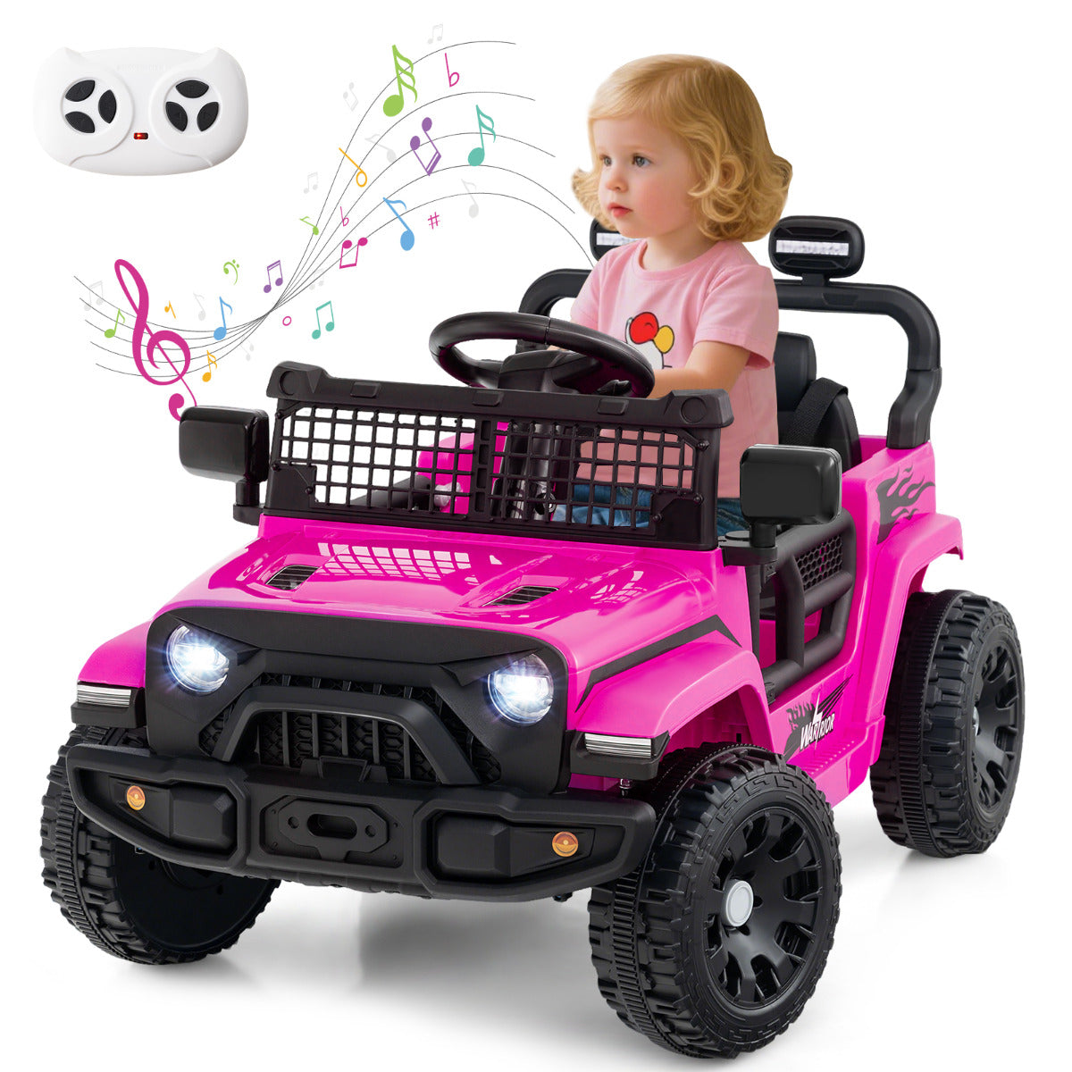 12V Kids Ride on Truck Car in pink with a remote control and musical notes above