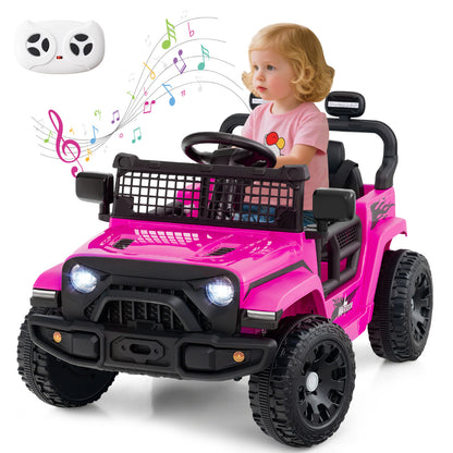 12V Kids Ride on Truck Car in pink with a remote control and musical notes above