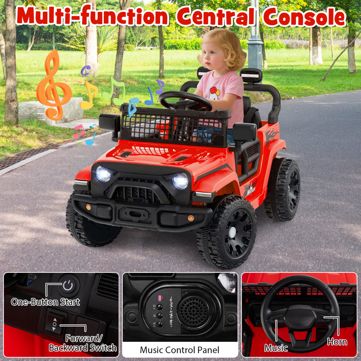 Close up of the red kids electric truck car's control panel and steering wheel