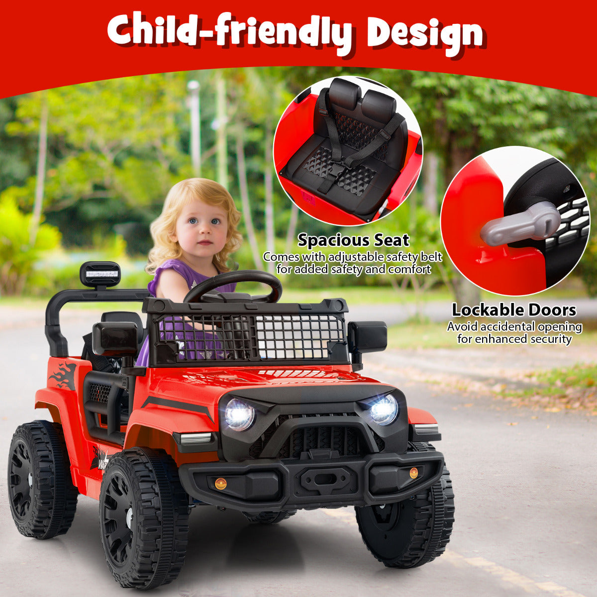 Child sitting in the red kids electric truck car, showing safety features