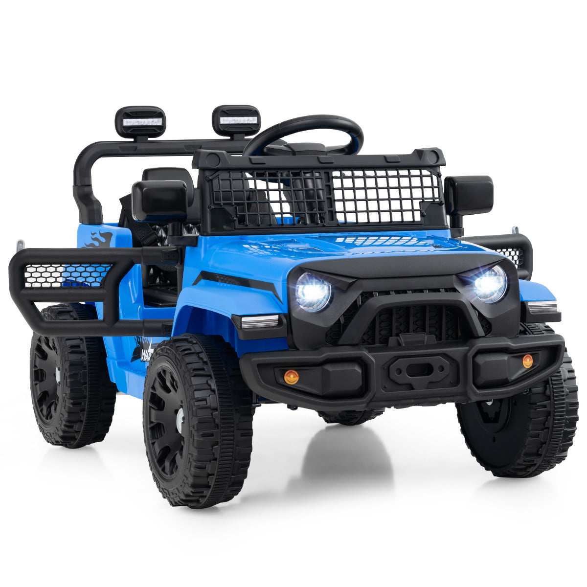 The navy kids electric car with the driver side door open