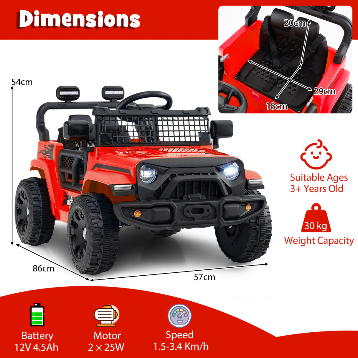 Dimensions diagram for the red kids electric truck car