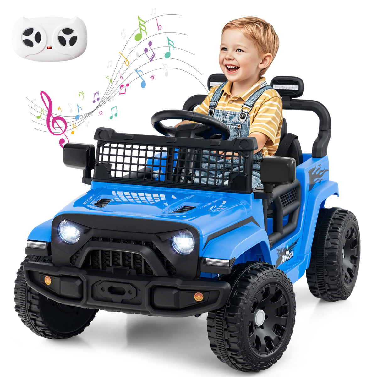 12V Kids Ride on Truck Car in navy with a remote control and a happy child sitting inside