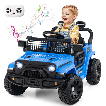 12V Kids Ride on Truck Car in navy with a remote control and a happy child sitting inside