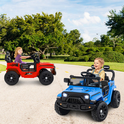 Two kids ride on truck cars, one red and one blue, on a paved road