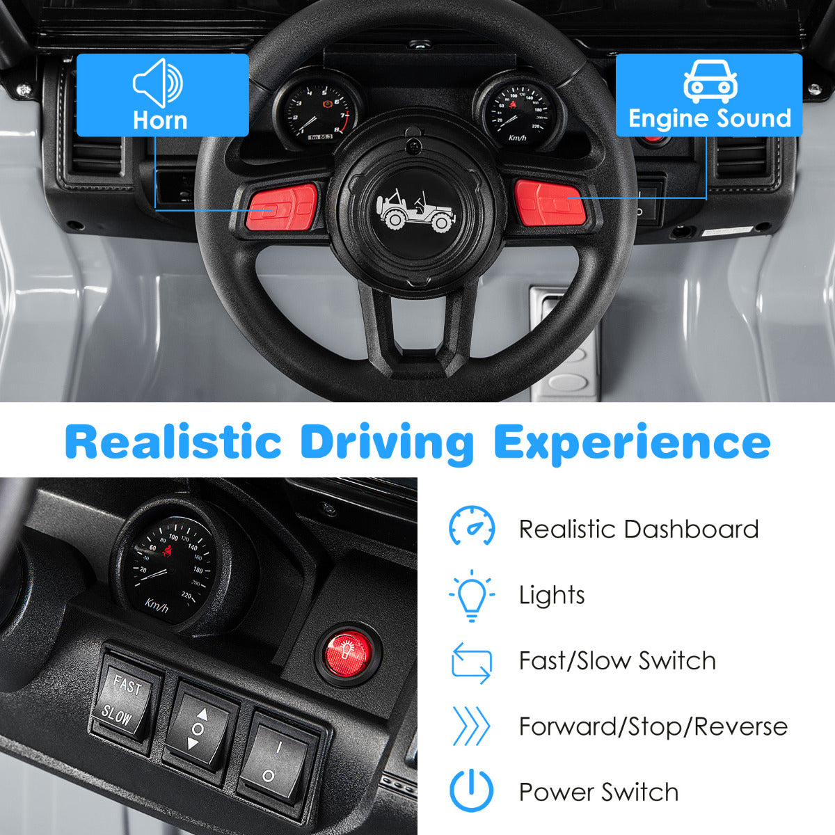 The kids electric car steering wheel and dashboard controls with function labels