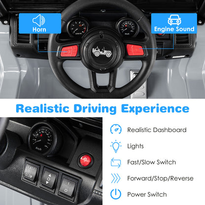 The kids electric car steering wheel and dashboard controls with function labels