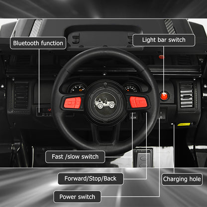 Close-up of the steering wheel and dashboard controls of the kids electric car