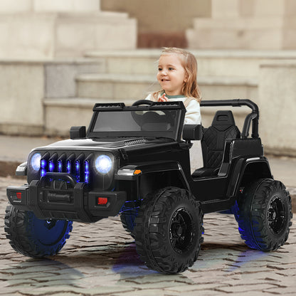 A black kids electric ride on truck with a child driver, featuring large wheels and LED lights