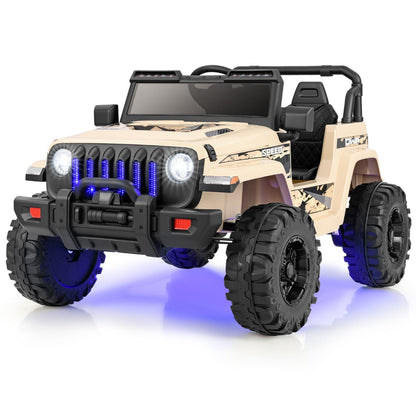 12V Kids Ride on Truck in khaki with illuminated front headlights and blue underbody lighting