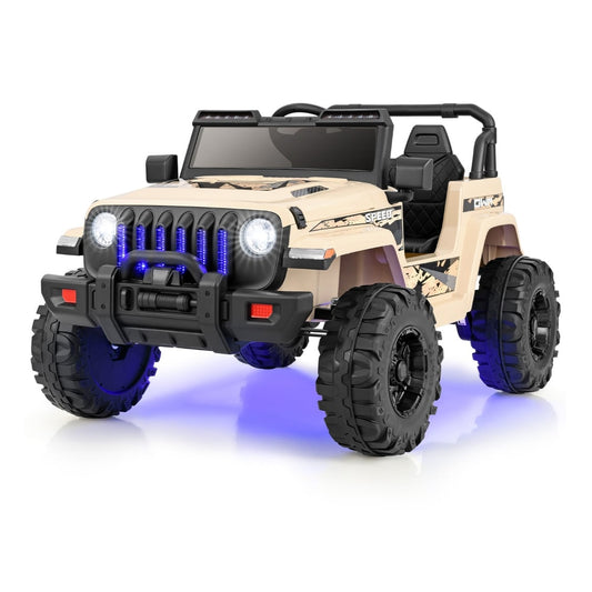 12V Kids Ride on Truck in khaki with illuminated front headlights and blue underbody lighting