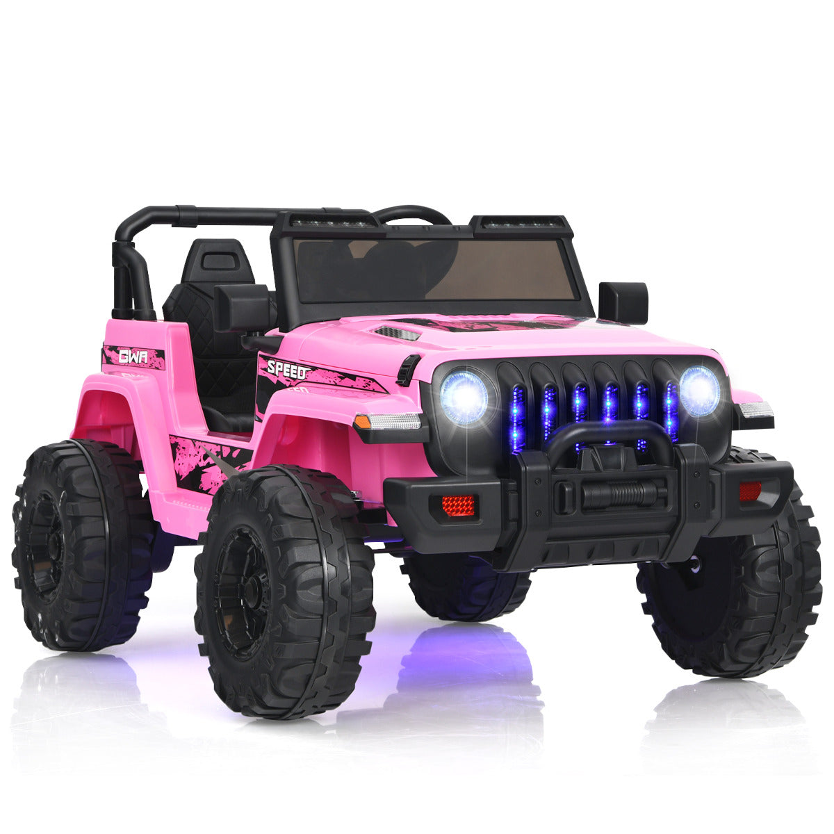 12V Kids Ride on Truck in pink with black chunky wheels and bright front LED lights