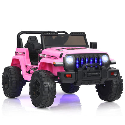 12V Kids Ride on Truck in pink with black chunky wheels and bright front LED lights