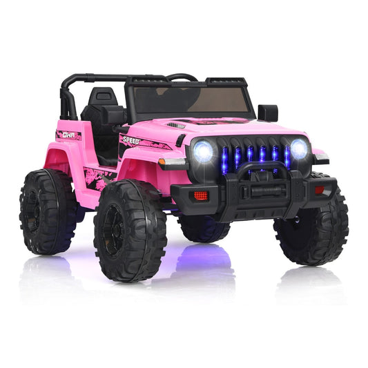 12V Kids Ride on Truck in pink with black chunky wheels and bright front LED lights