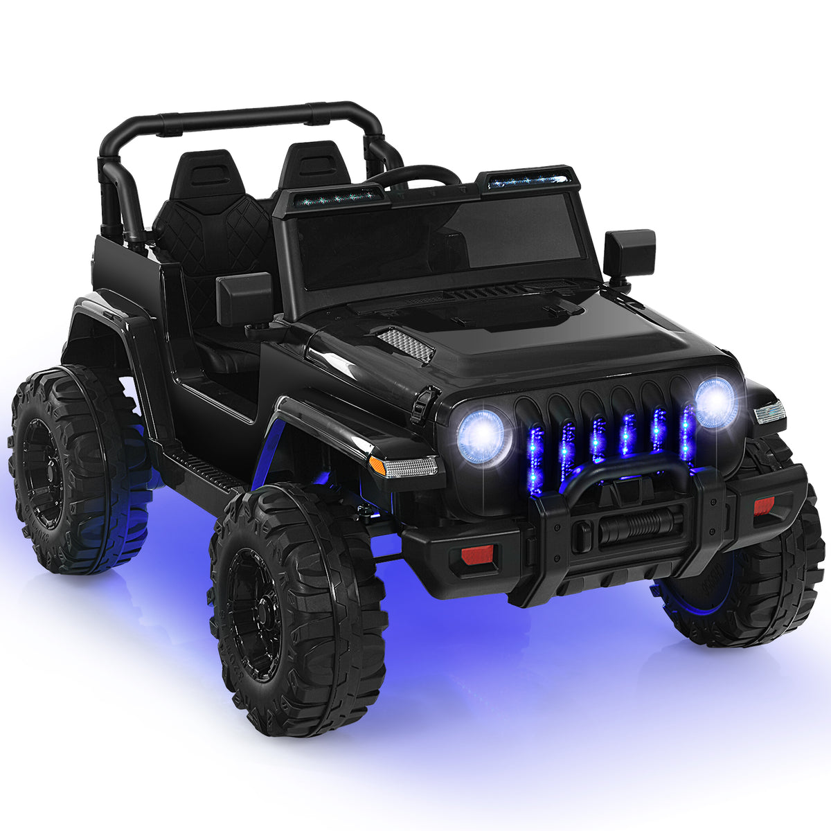 12V Kids Ride on Truck in black with blue LED lights and large wheels