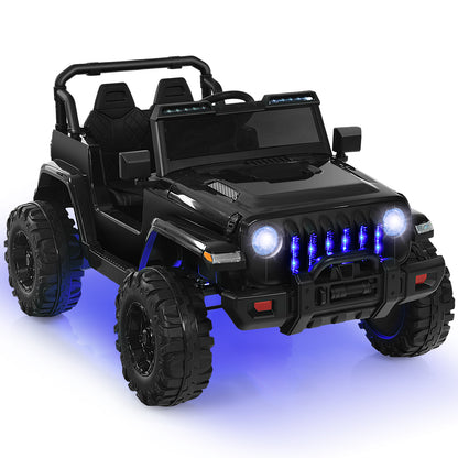 12V Kids Ride on Truck in black with blue LED lights and large wheels