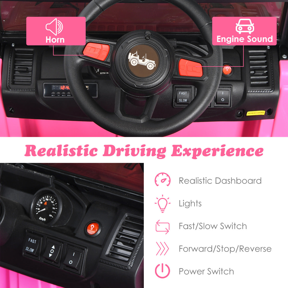 The steering wheel and dashboard of the kids electric car with control buttons