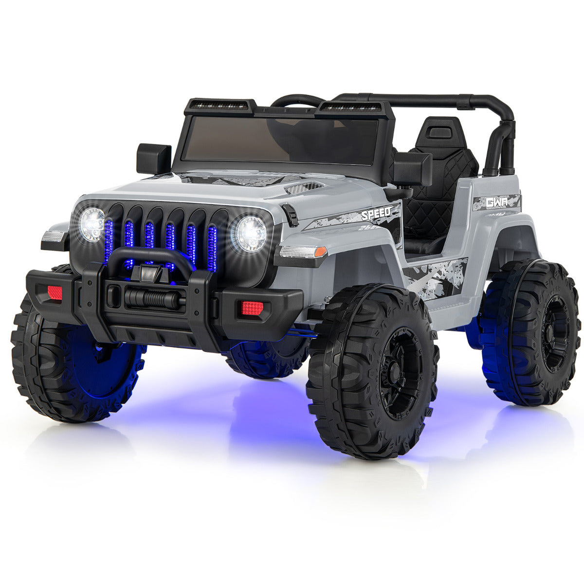 12V Kids Ride on Truck in grey with illuminated front grille and rugged black wheels