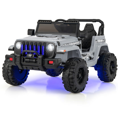 12V Kids Ride on Truck in grey with illuminated front grille and rugged black wheels
