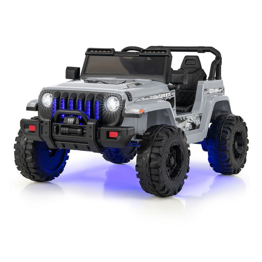 12V Kids Ride on Truck in grey with illuminated front grille and rugged black wheels