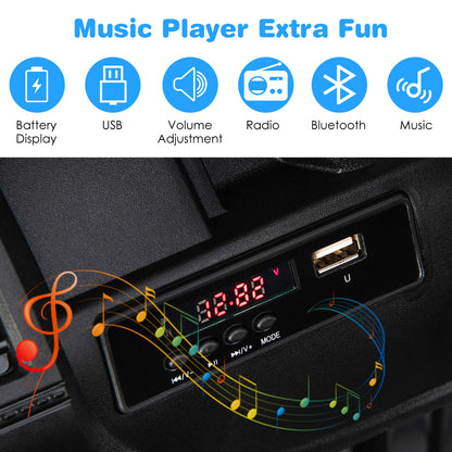 The kids electric car music player panel with icons for connectivity and volume