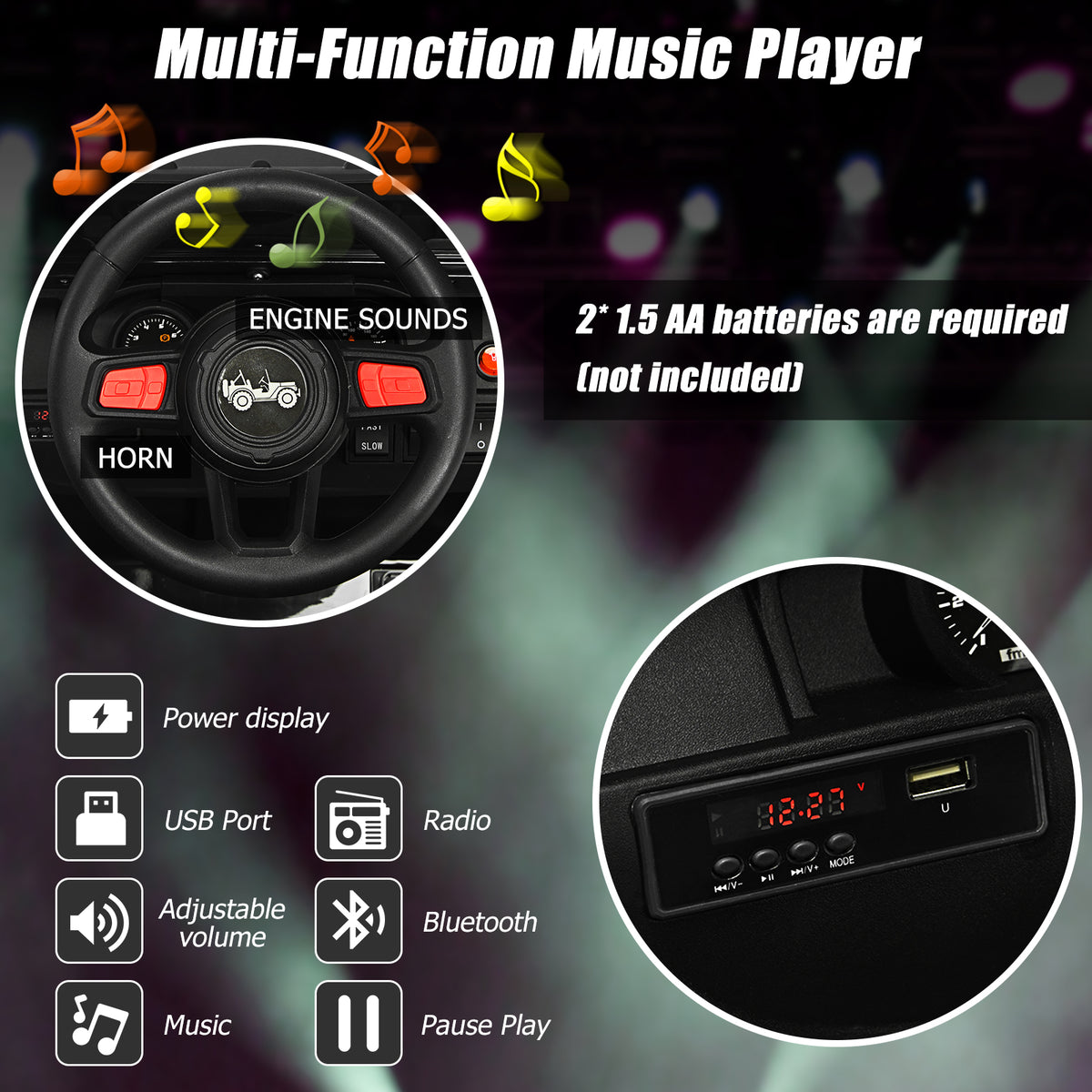 Close-up of the multi-function music player and USB port on the kids electric car