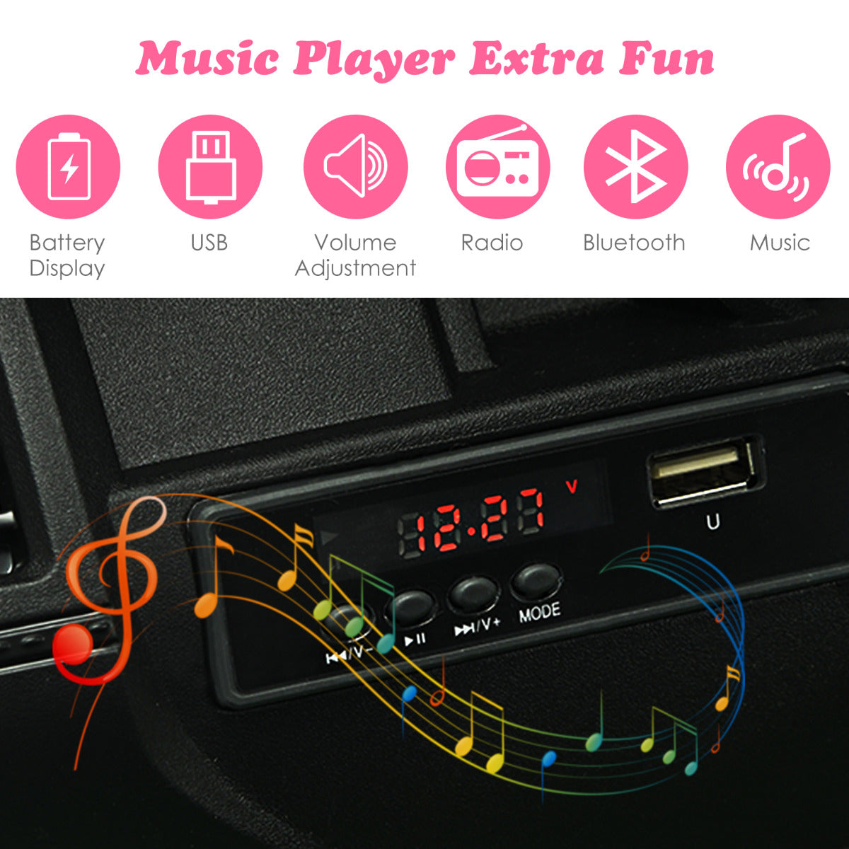 The music player console on the kids electric car with icons for media connectivity