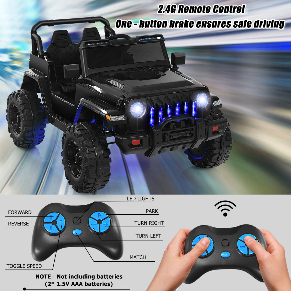 Parental remote control for the black kids electric car showing drive functions