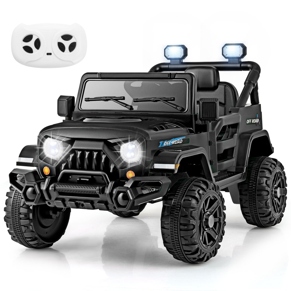 The black kids electric car with remote control beside it