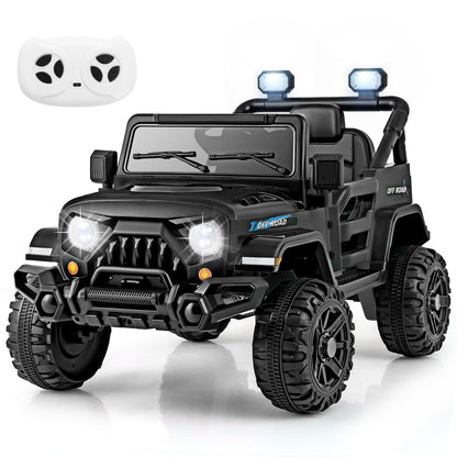 The black kids electric car with remote control beside it