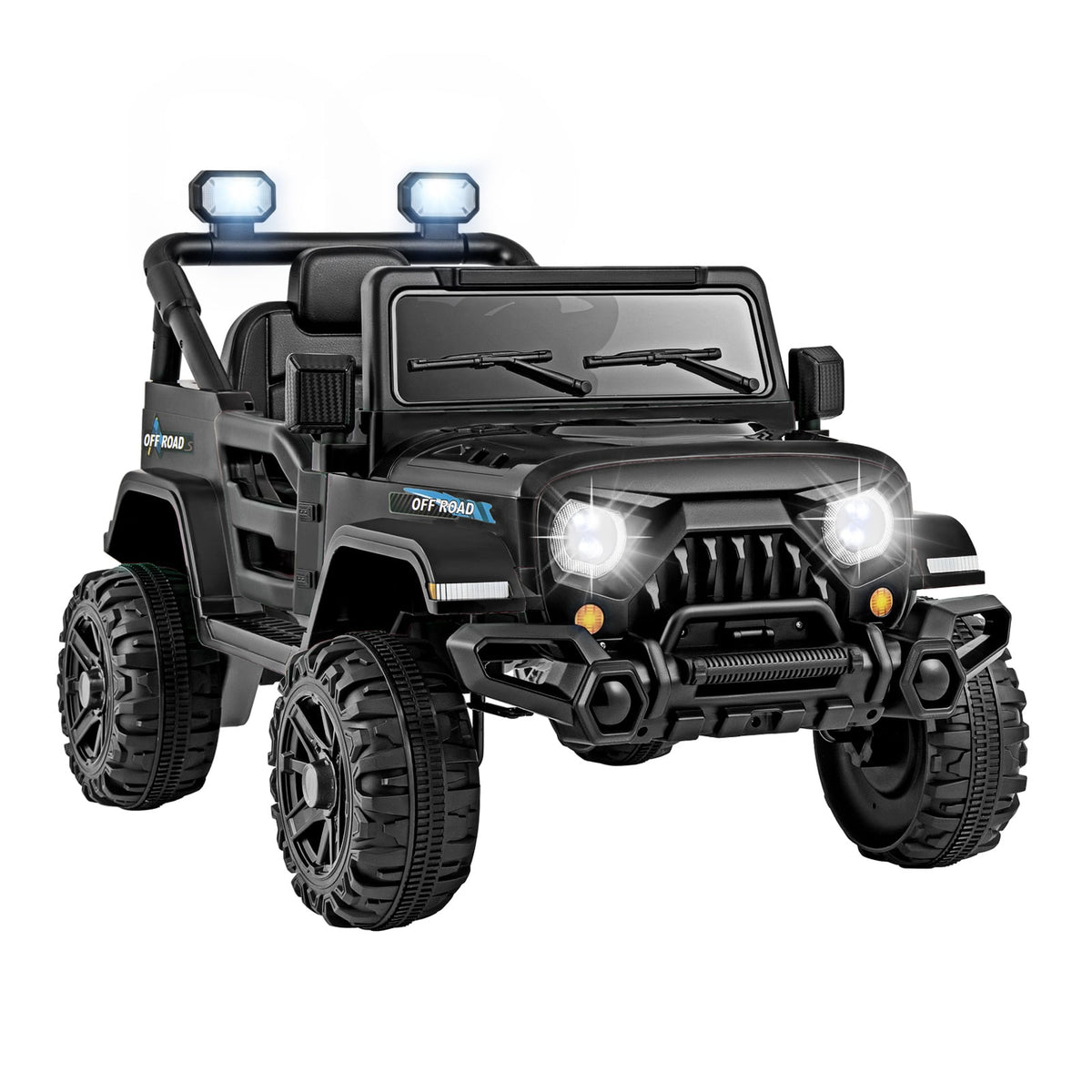 12V Kids Ride on Truck in black, front view with lights on