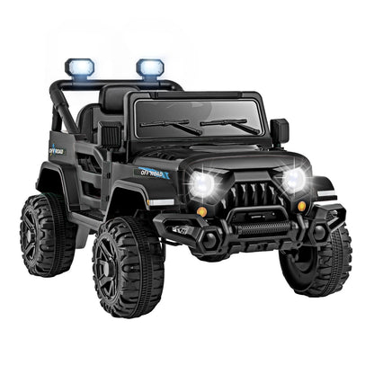 12V Kids Ride on Truck in black, front view with lights on
