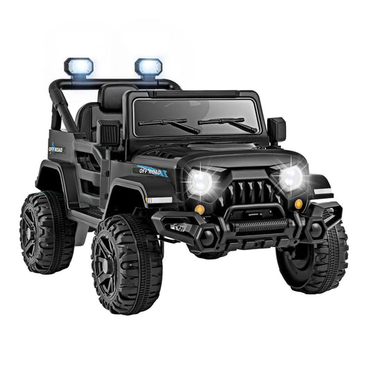 12V Kids Ride on Truck in black, front view with lights on