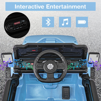 Close-up of the dashboard and steering wheel of the blue kids electric truck