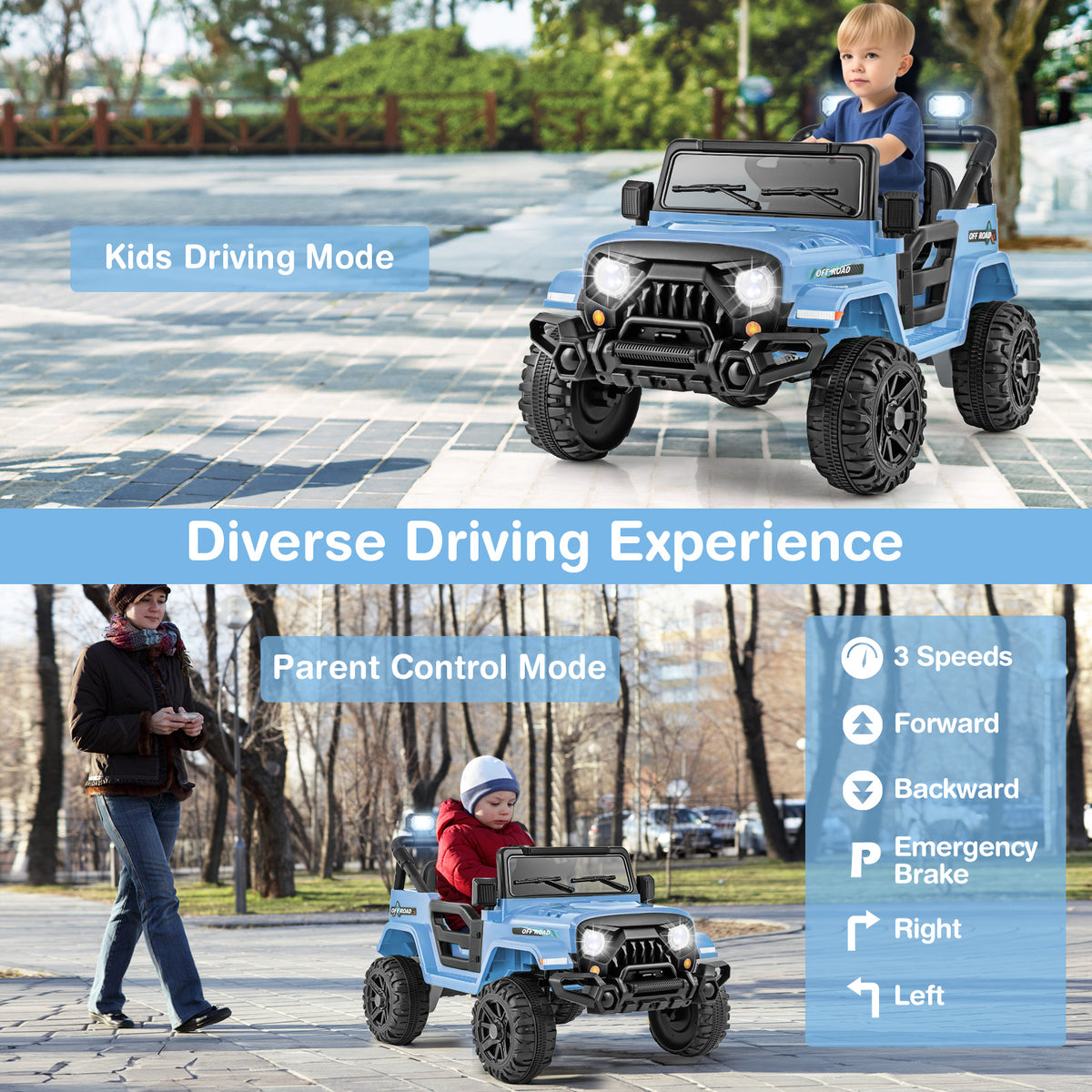 Collage showing the blue kids electric truck in kids driving mode and parent control mode