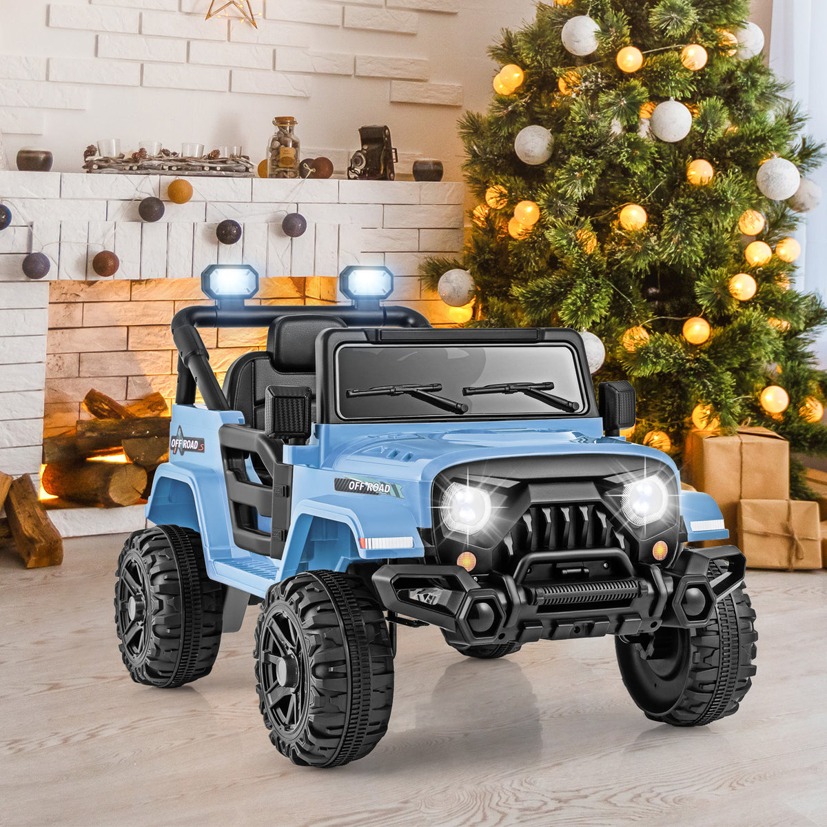 The blue kids electric truck with flashing blue lights on the roof