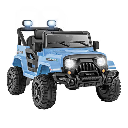 12V Kids Ride on Truck in blue with large wheels and headlights