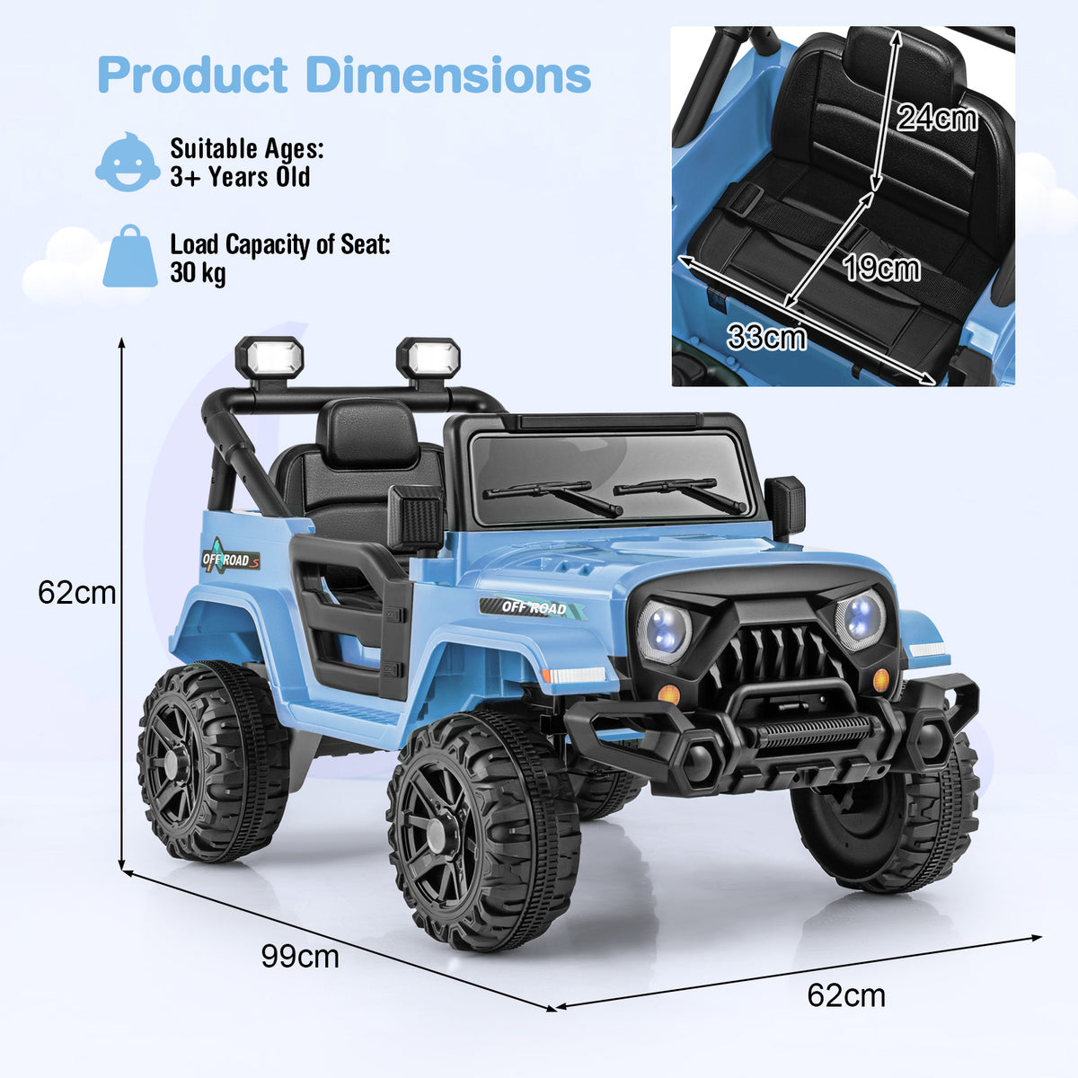 Product dimensions diagram showing the blue kids electric truck's size
