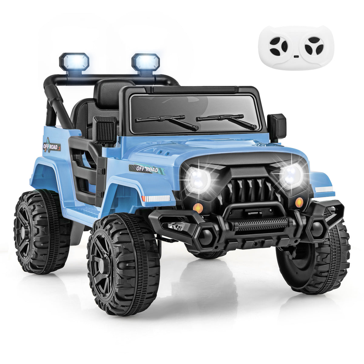 The blue kids electric car with a white remote control beside it