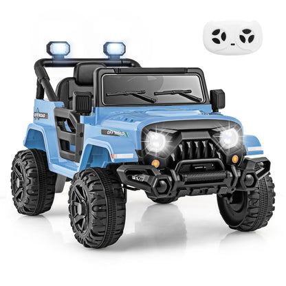 The blue kids electric car with a white remote control beside it