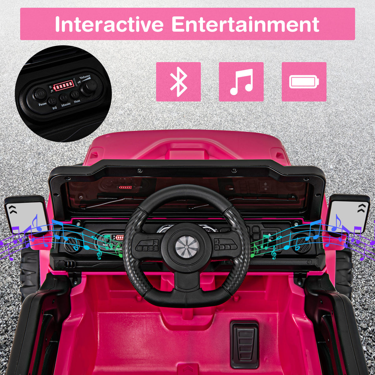 The kids electric car dashboard with steering wheel and media control panel