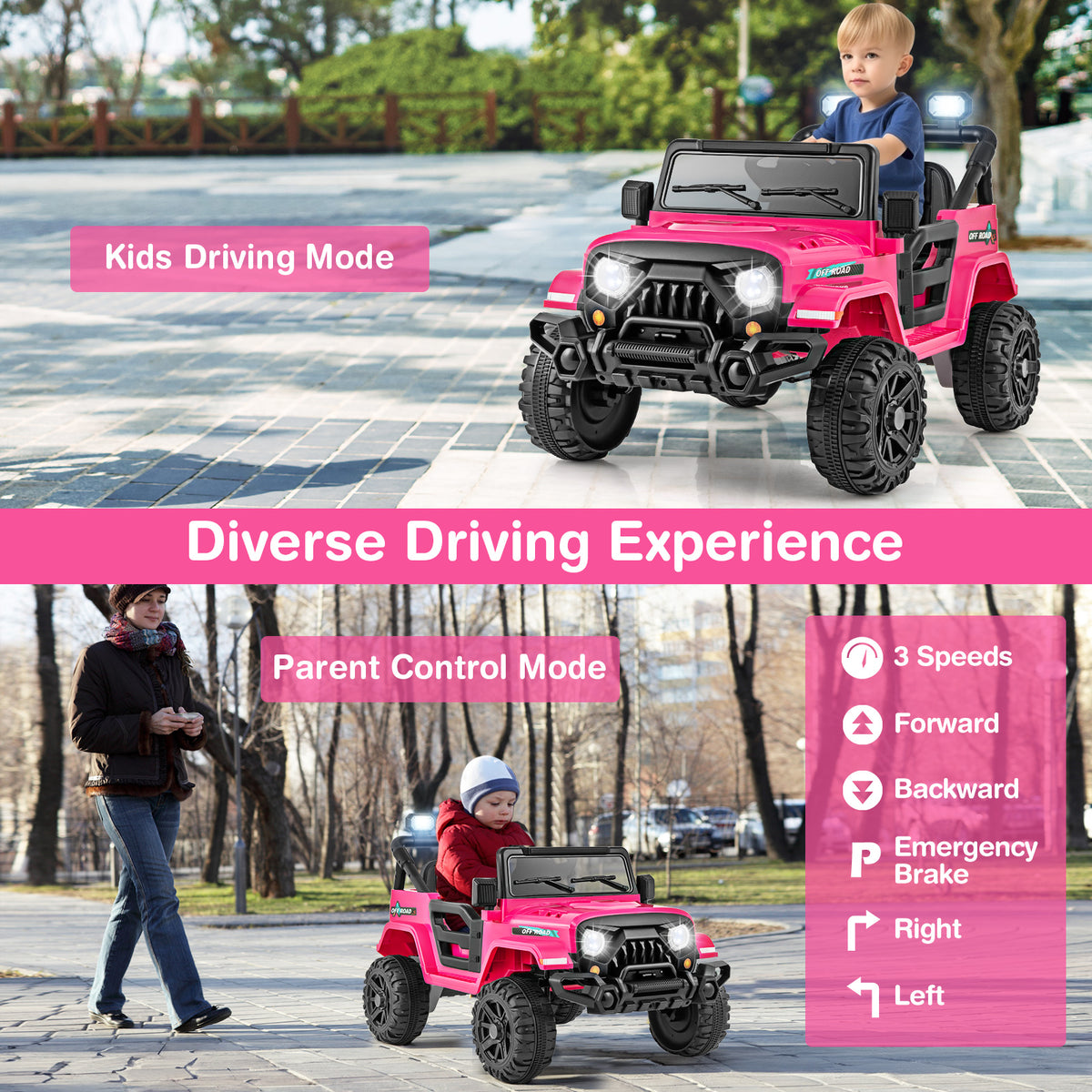 The kids electric car demonstrating both child driving and remote control modes